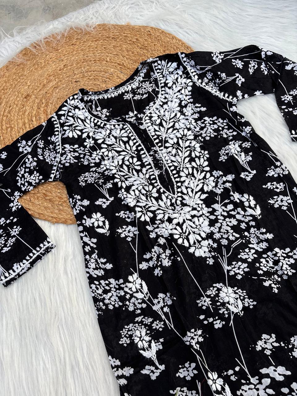Sidra Pure Mulmul Chikankari Handwork Kurti - Black Colour