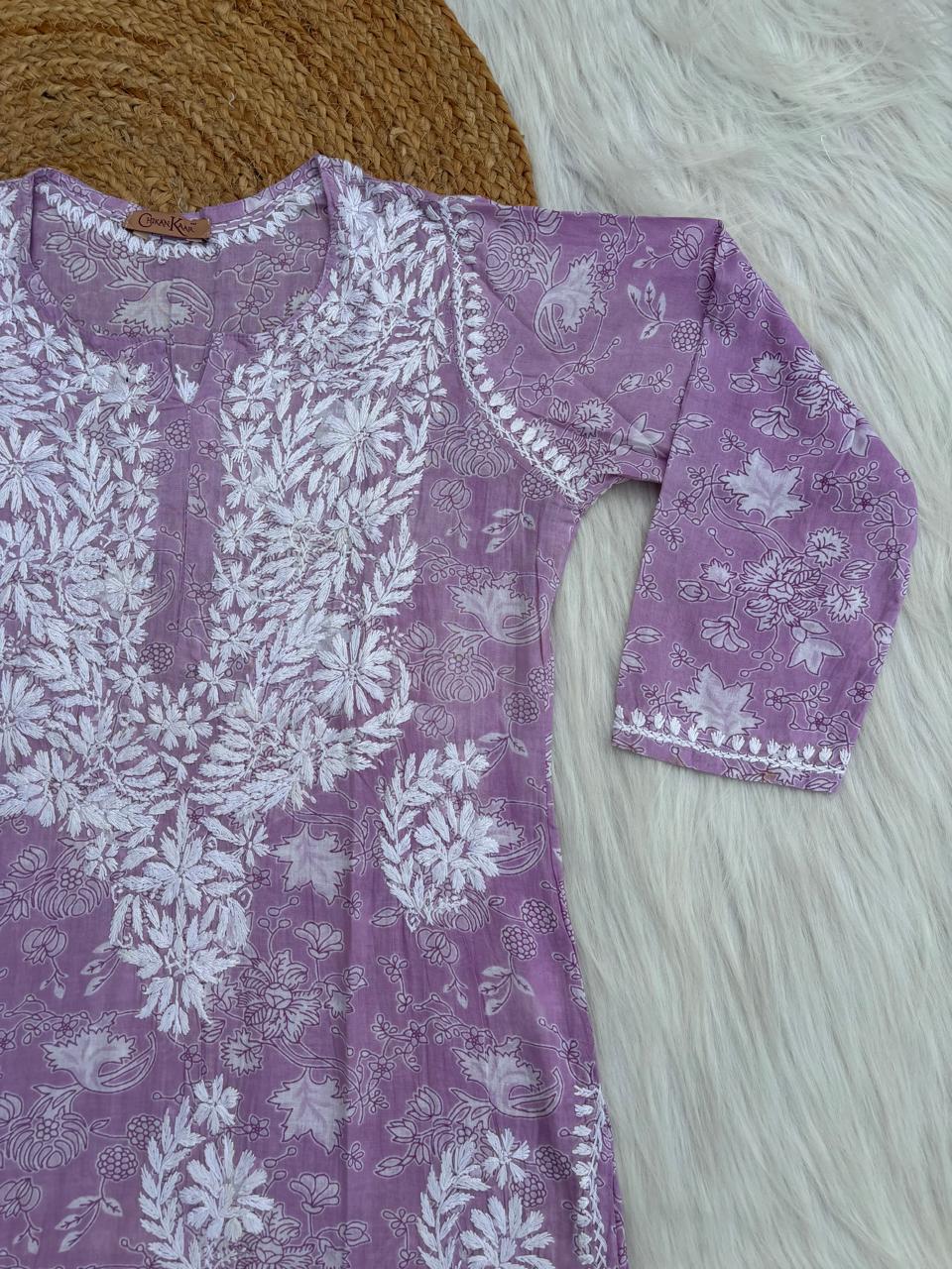 Sameera Pure Mulmul Chikankari Handwork Kurti - Lavender Colour