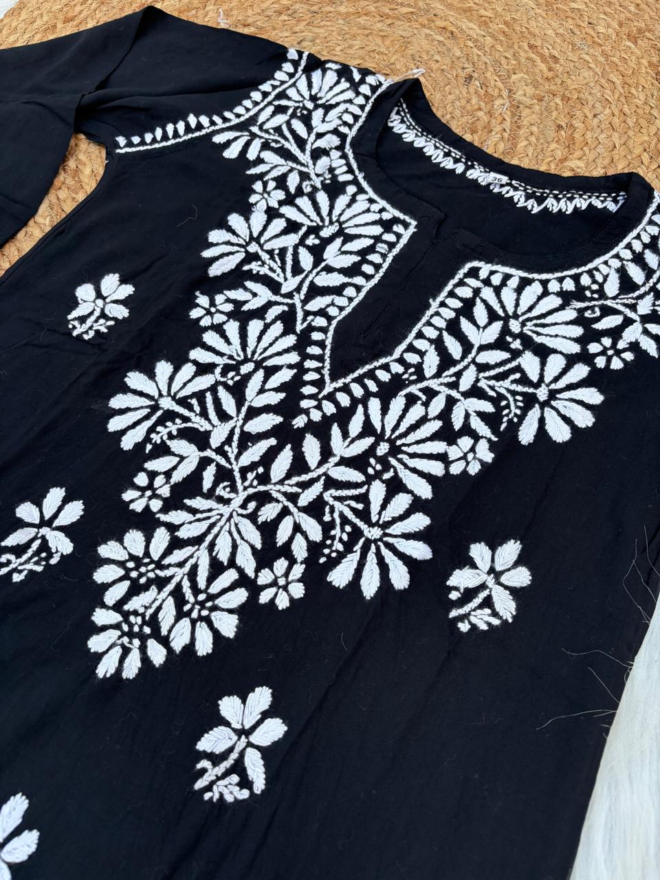 Ina Soft Rayon Handwork Chikankari Short Kurti - Black Colour
