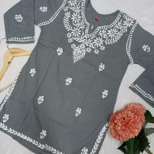 Cotton Chikankari Handwork Short Kurti -Grey Colour