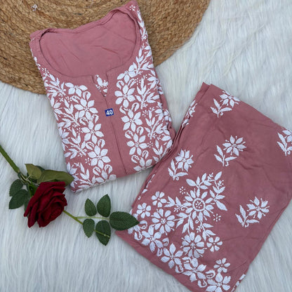 Maya Rayon Chikankari Kurti Plazo Set - Blush Colour