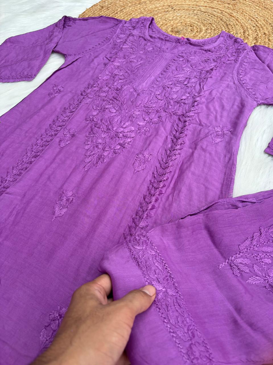 Nadia Muslin Lucknowi Chikankari Kurti Pant Set - Purple Color