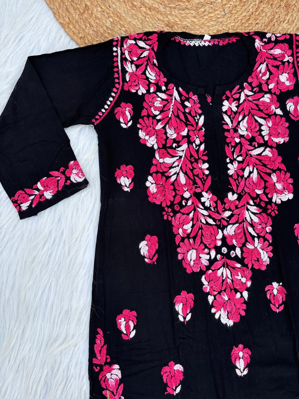 Rida Rayon Handwork Chikankari Kurti Set - Pink Colour