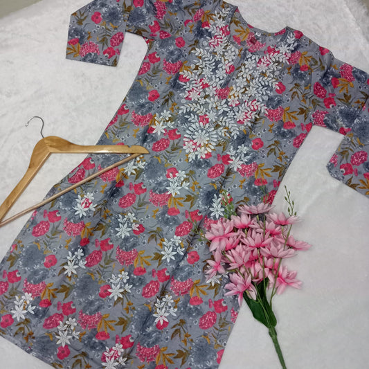 MULMUL COTTON CHIKANKARI MACHINE WORK KURTI -GREY COLOUR