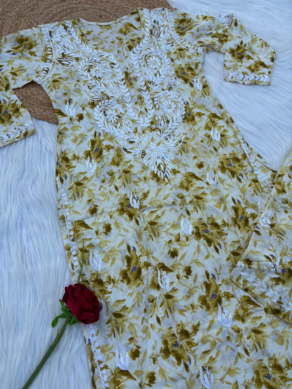 Hadaya Mulmul Cotton Chikankari Kurti Set - Green Colour