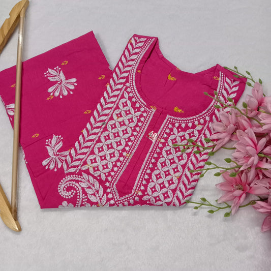 SOFT COTTON PRINTED CHIKANKARI MACHINE WORK KURTI -RANI COLOUR