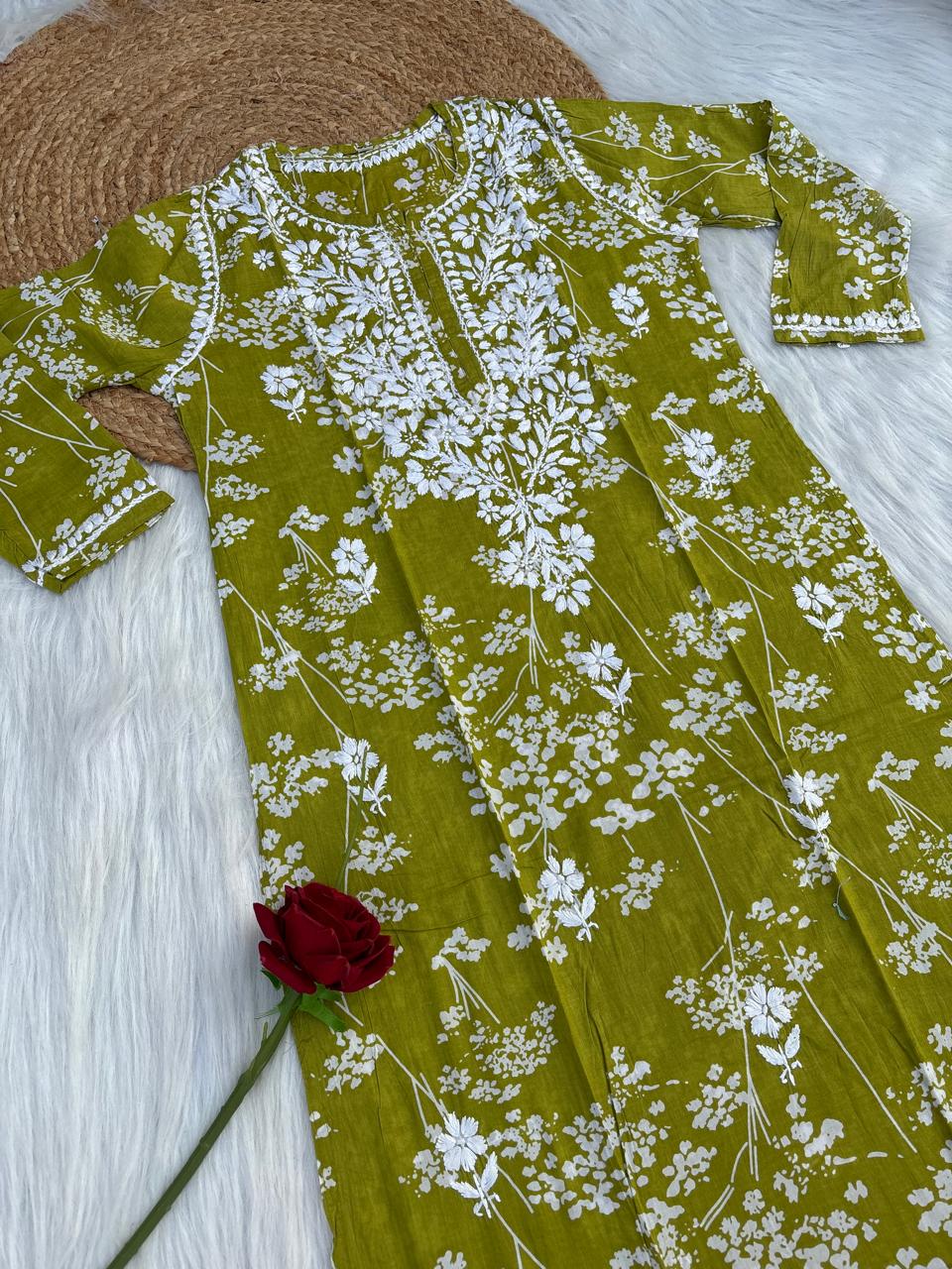 Sidra Pure Mulmul Chikankari Handwork Kurti - Green Colour