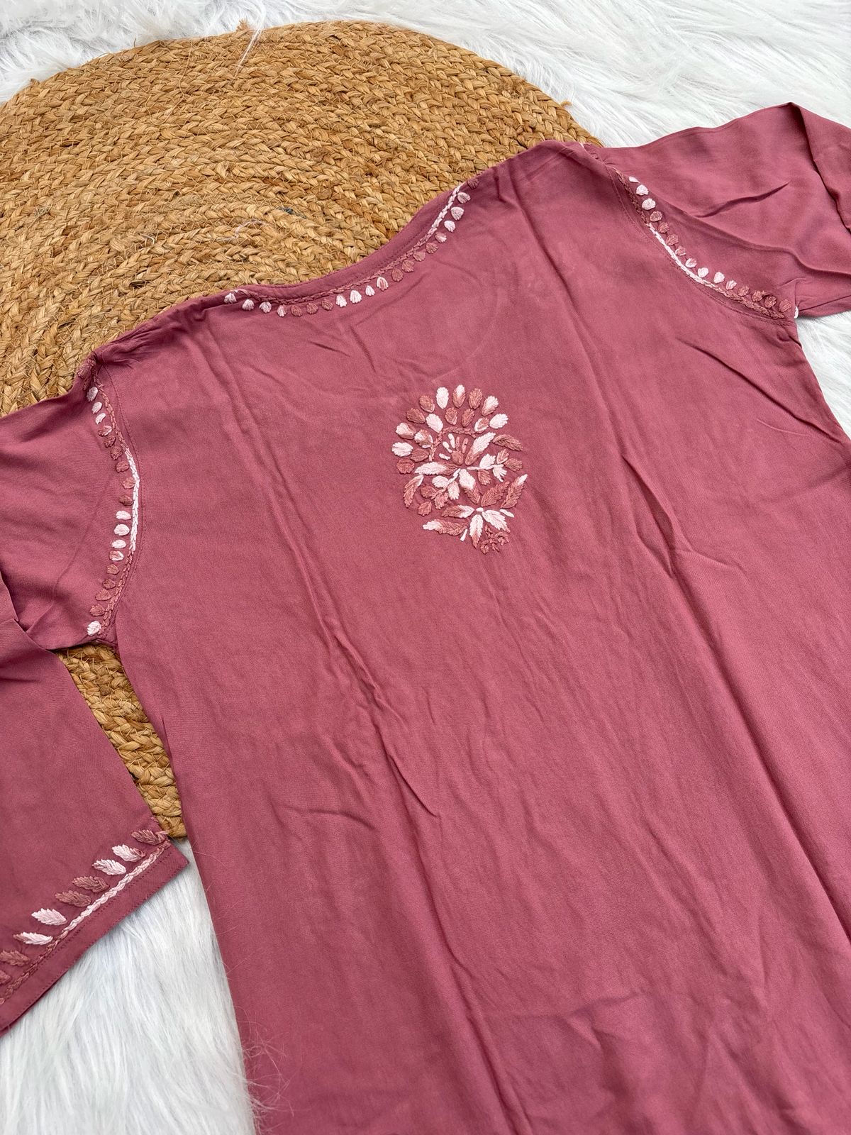 Roohi Rayon Tone To Tone Lucknowi Handwork Chikankari Kurti - Mauve Pink Color