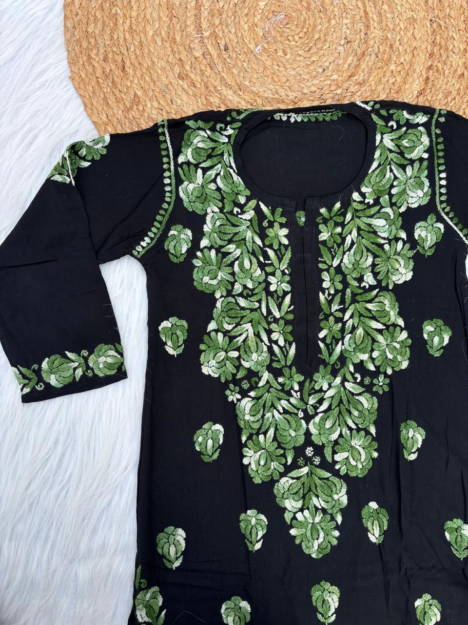 Rida Rayon Handwork Chikankari Kurti Set - Green Colour