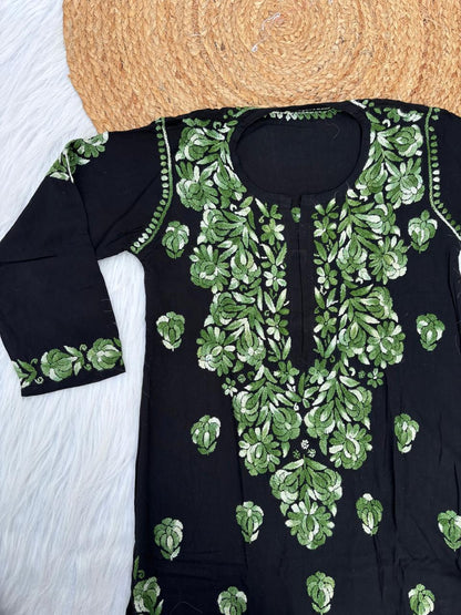 Rida Rayon Handwork Chikankari Kurti Set - Green Colour