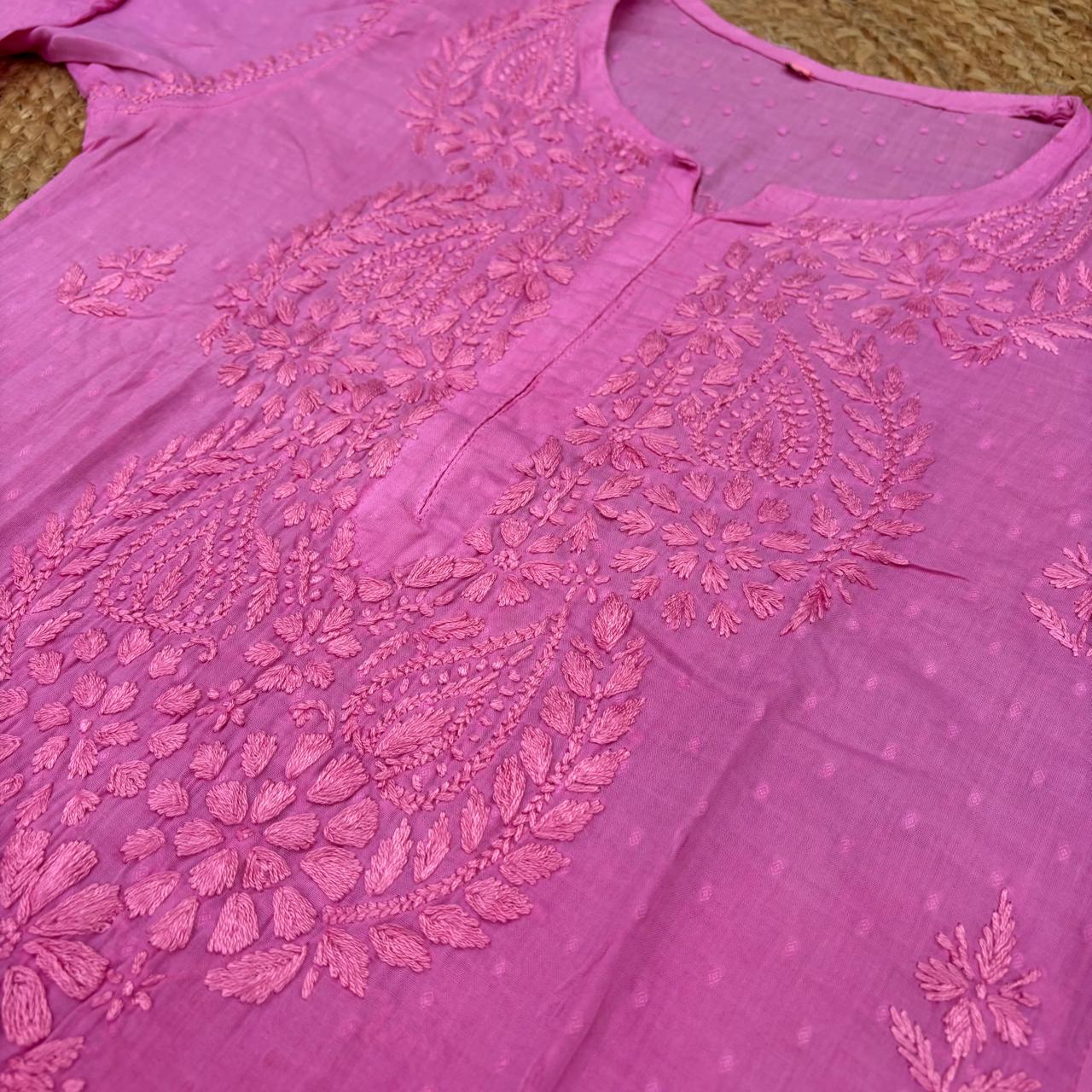 Nuha Dobby cotton Ombre shaded Lucknowi Chikankari Kurti Plazo Set - Pink Colour