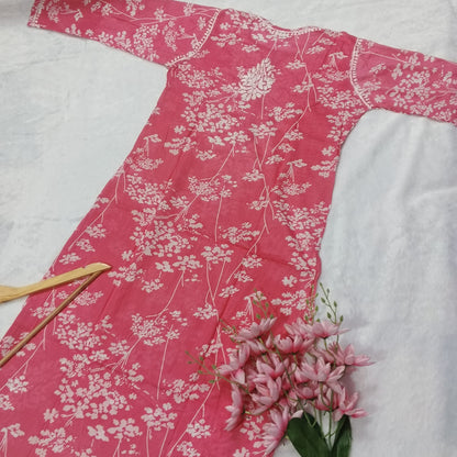 PURE MULMUL PRINTED CHIKANKARI KURTI - PINK COLOUR - chikankaar