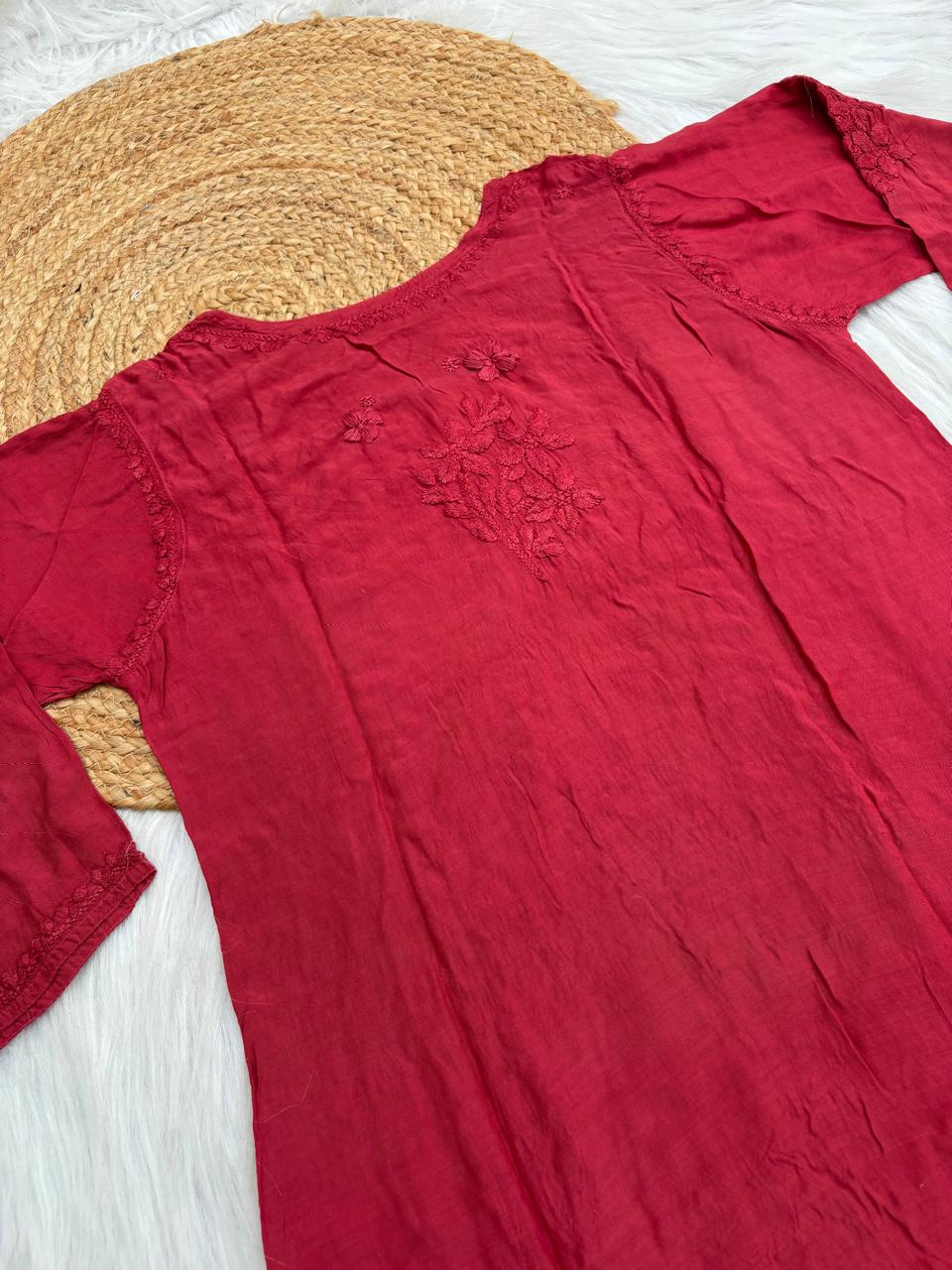 Nadia Muslin Lucknowi Chikankari Kurti Pant Set -  Brick Red Color