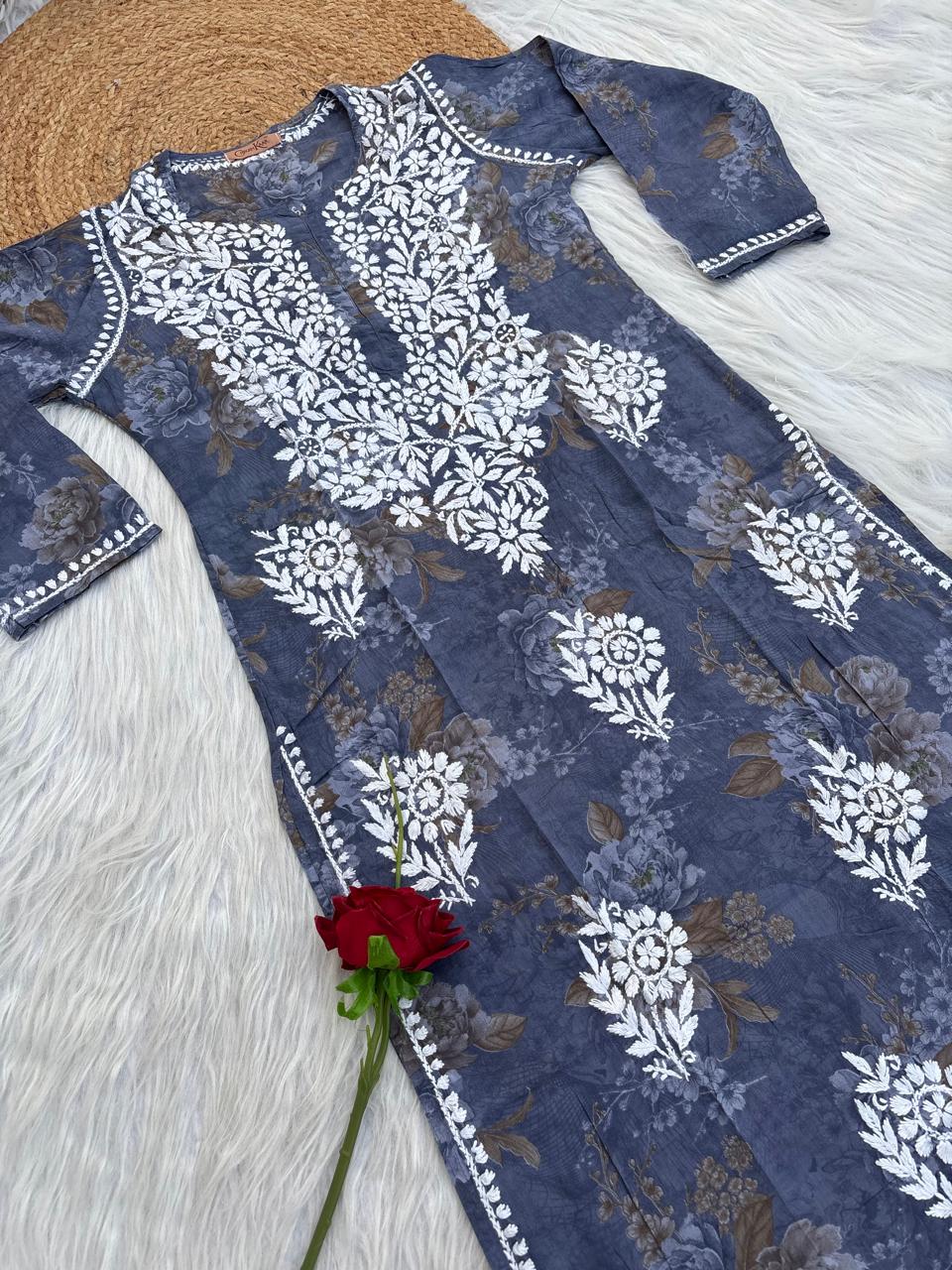 Zaina Pure Mulmul Chikankari Handwork Kurti - Grey Colour