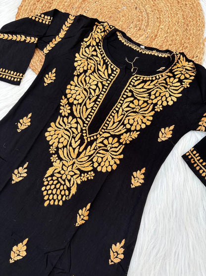 Shifa Soft Rayon Lucknowi Chikankari Kurti - Black Yellow Color