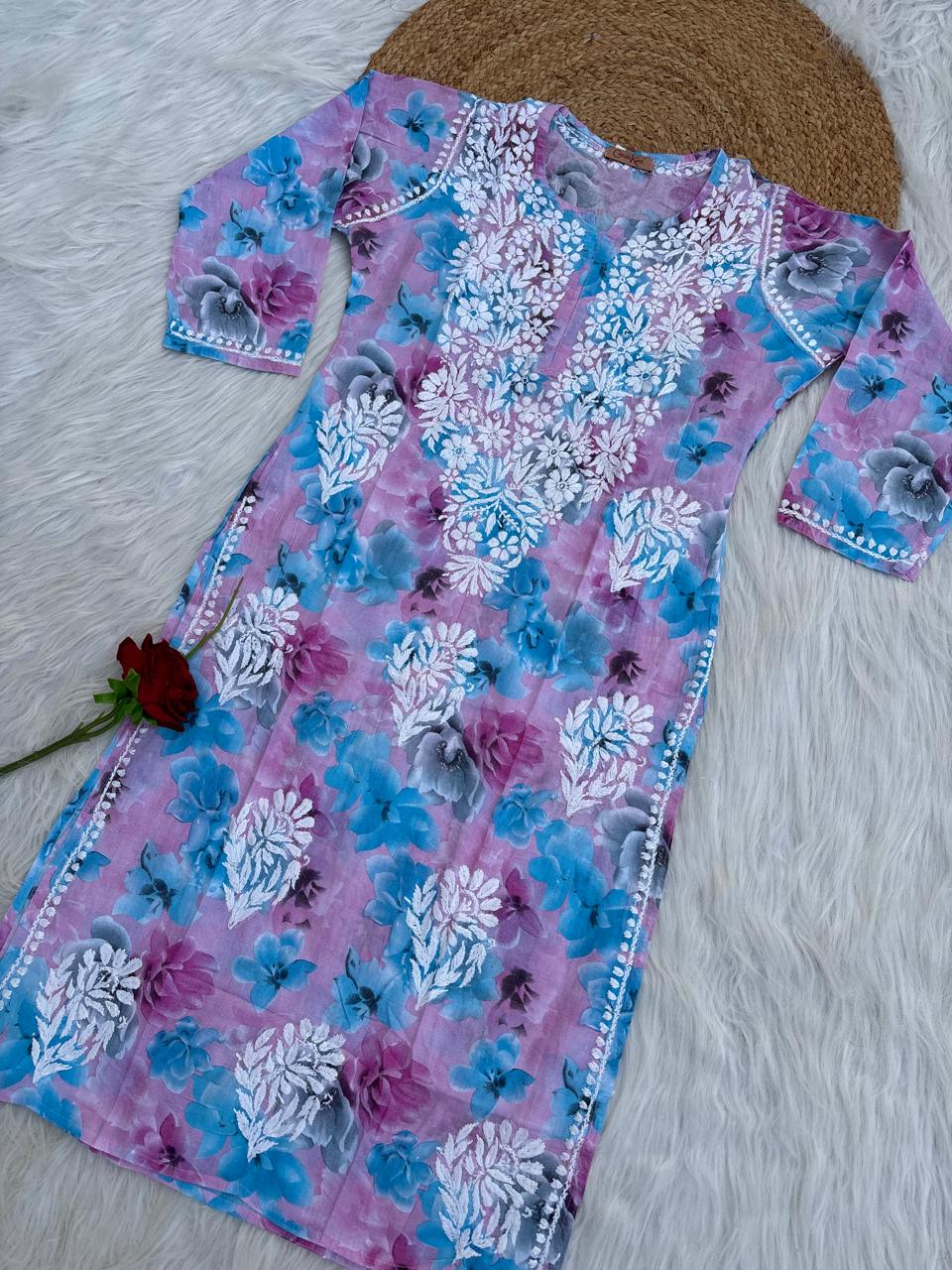 Najma Pure Mulmul Chikankari Handwork Kurti - Purple Colour