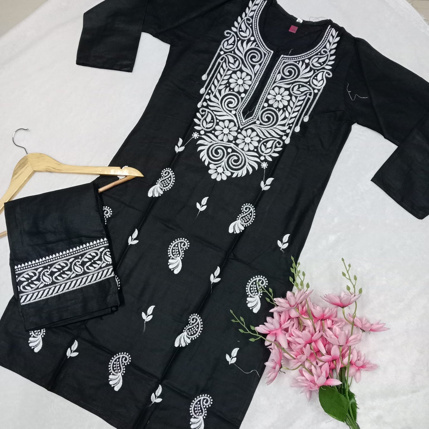 Rayon Chikankari Machine Work  Kurti Plazo Set- Black Colour