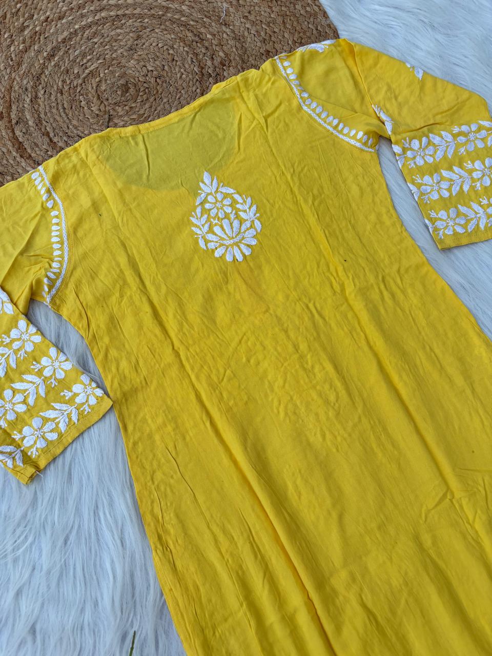 Zoobia Soft Rayon Handwork Chikankari Kurti - Yellow Colour