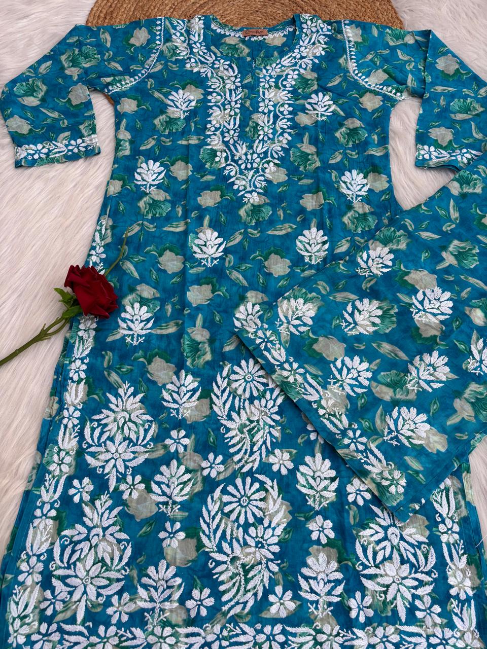 Elena Mulmul Cotton Handwork Chikankari Kurti Set - Blue Colour