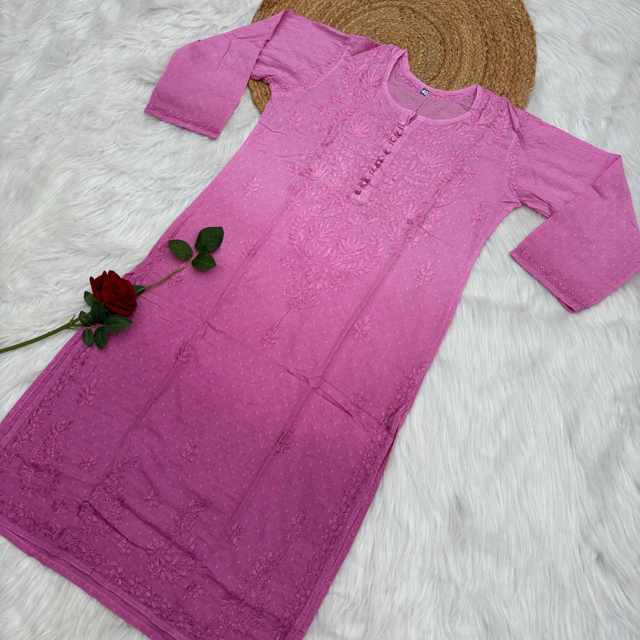 Farah Ombre Shaded Dobby Cotton Chikankari Kurti - Pink colour