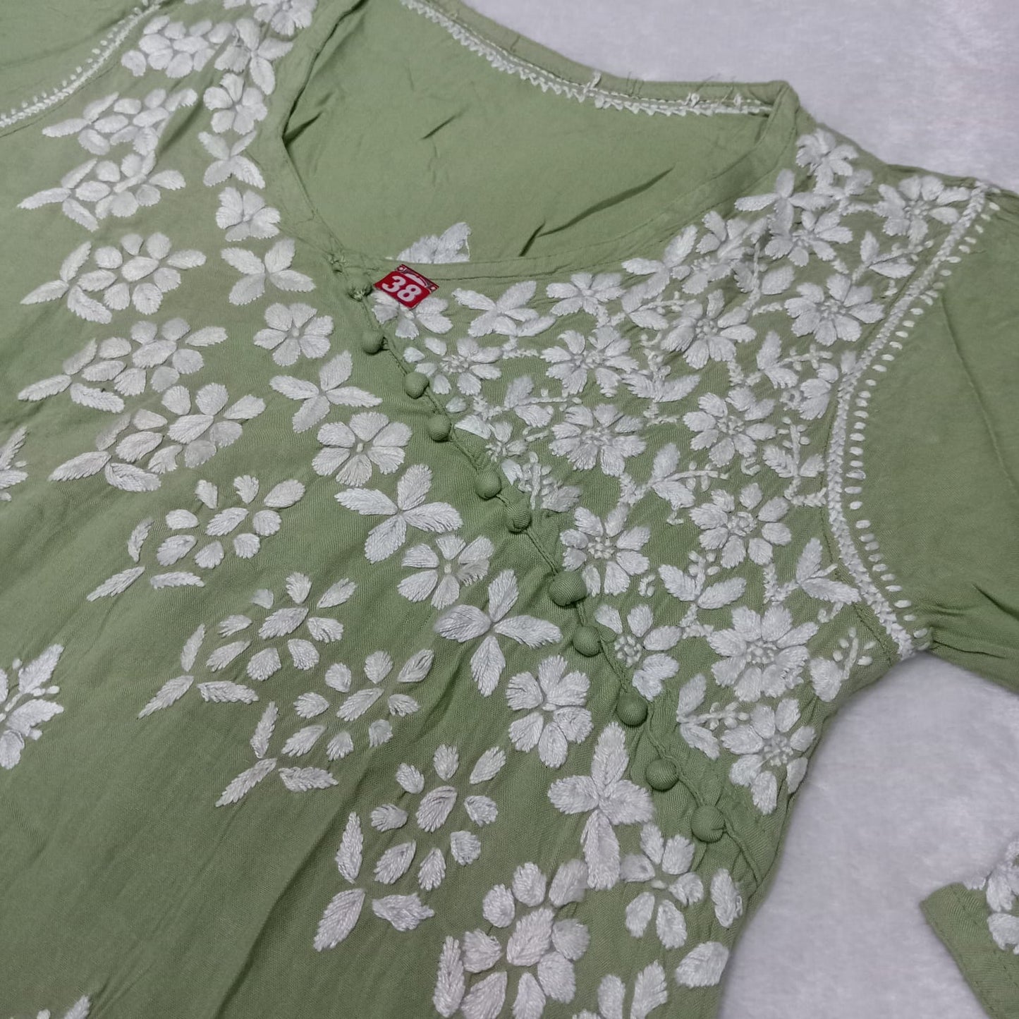 Zeenat Rayon Side Button Chikankari Kurti - Pista Colour