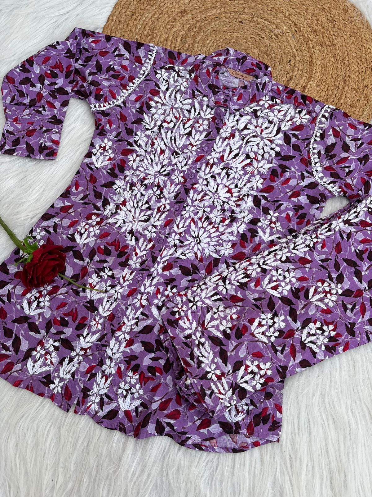 Mulmul Cotton Lucknowi Chikankari Coord Set - Lavender Colour