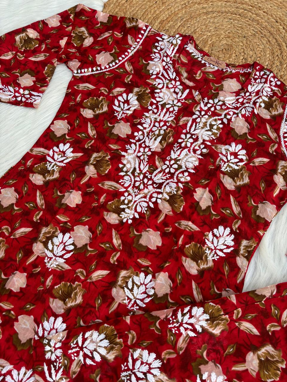Elena Mulmul Cotton Handwork Chikankari Kurti Set - Cherry Colour