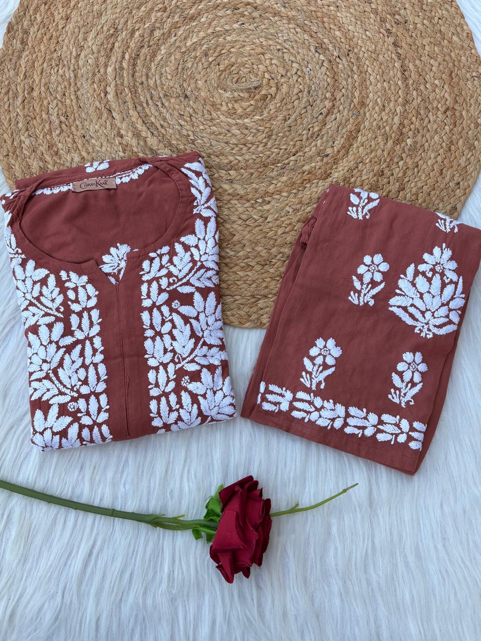 Samara Rayon Handwork Chikankari Kurti Plazo Set - Rush  Colour