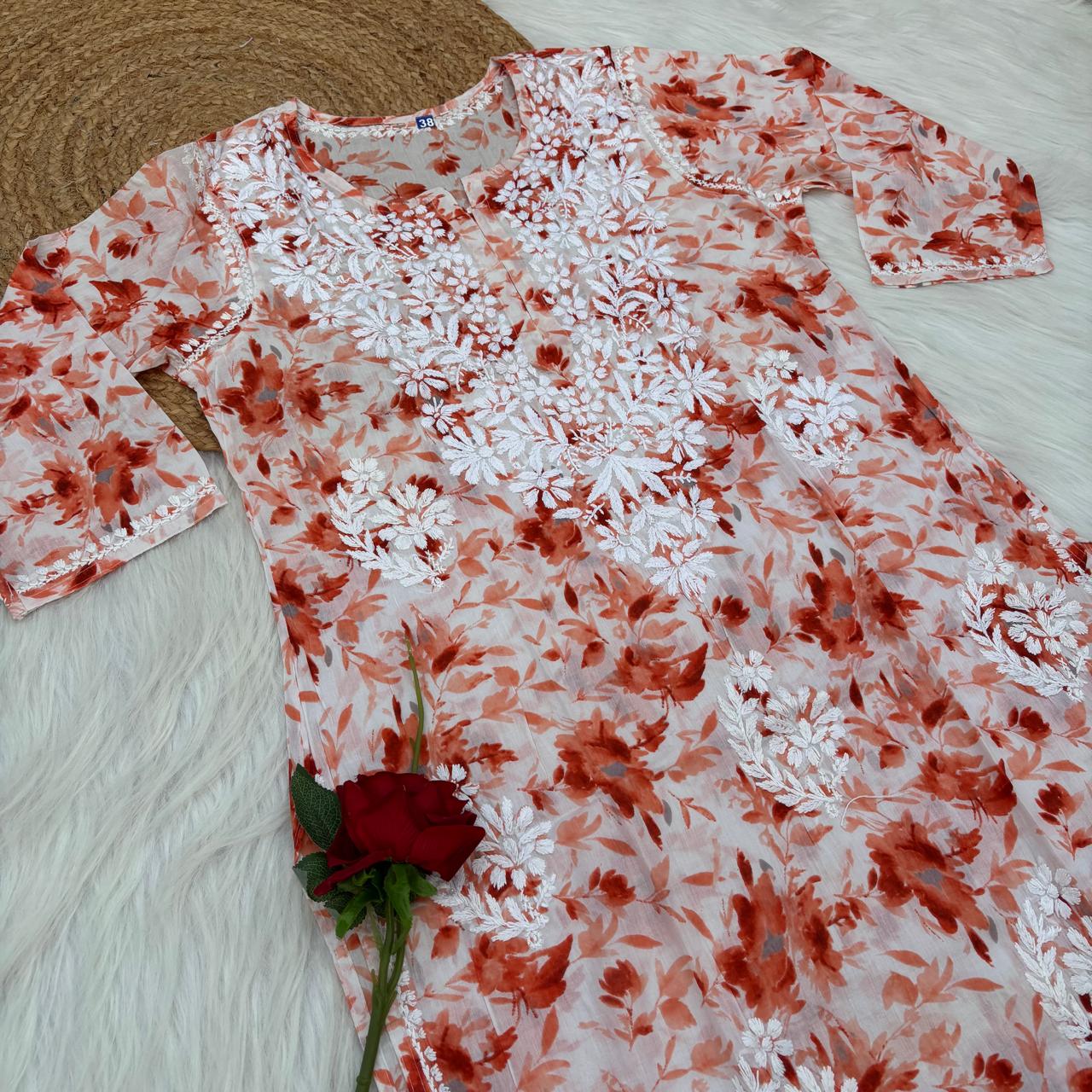 Amara Pure Mulmul Chikankari  Handwork Kurti -Orange Colour