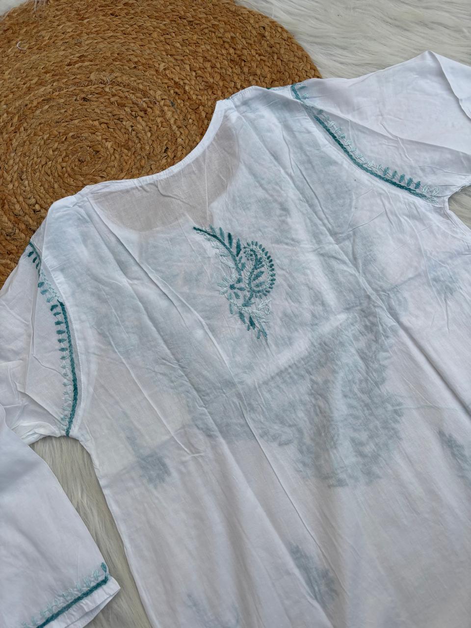 Zoya Cotton Lucknowi Handwork Chikankari Kurti - White Teal green Colour