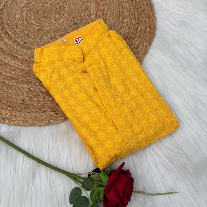 Ayaan Mens Cotton Chikankari Kurta - Yellow colour