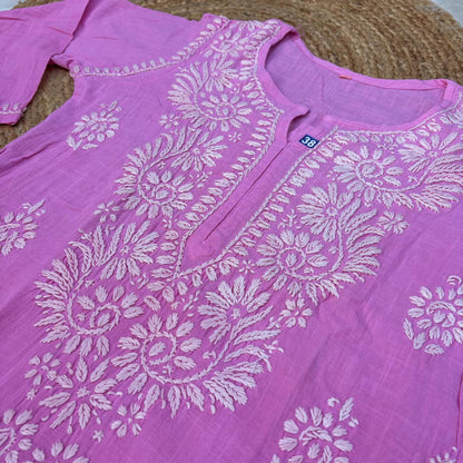 Isha Slub Cotton Chikankari Kurti -Baby Pink colour