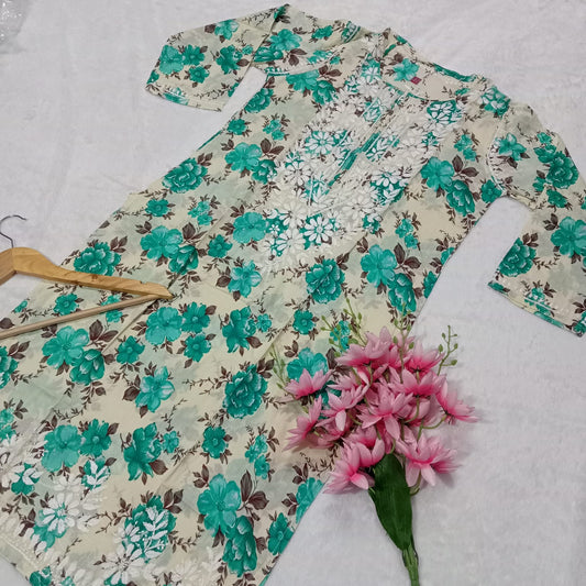 Pure Mulmul Cotton Chikankari Kurti With Floral Print -Sea Green Colour