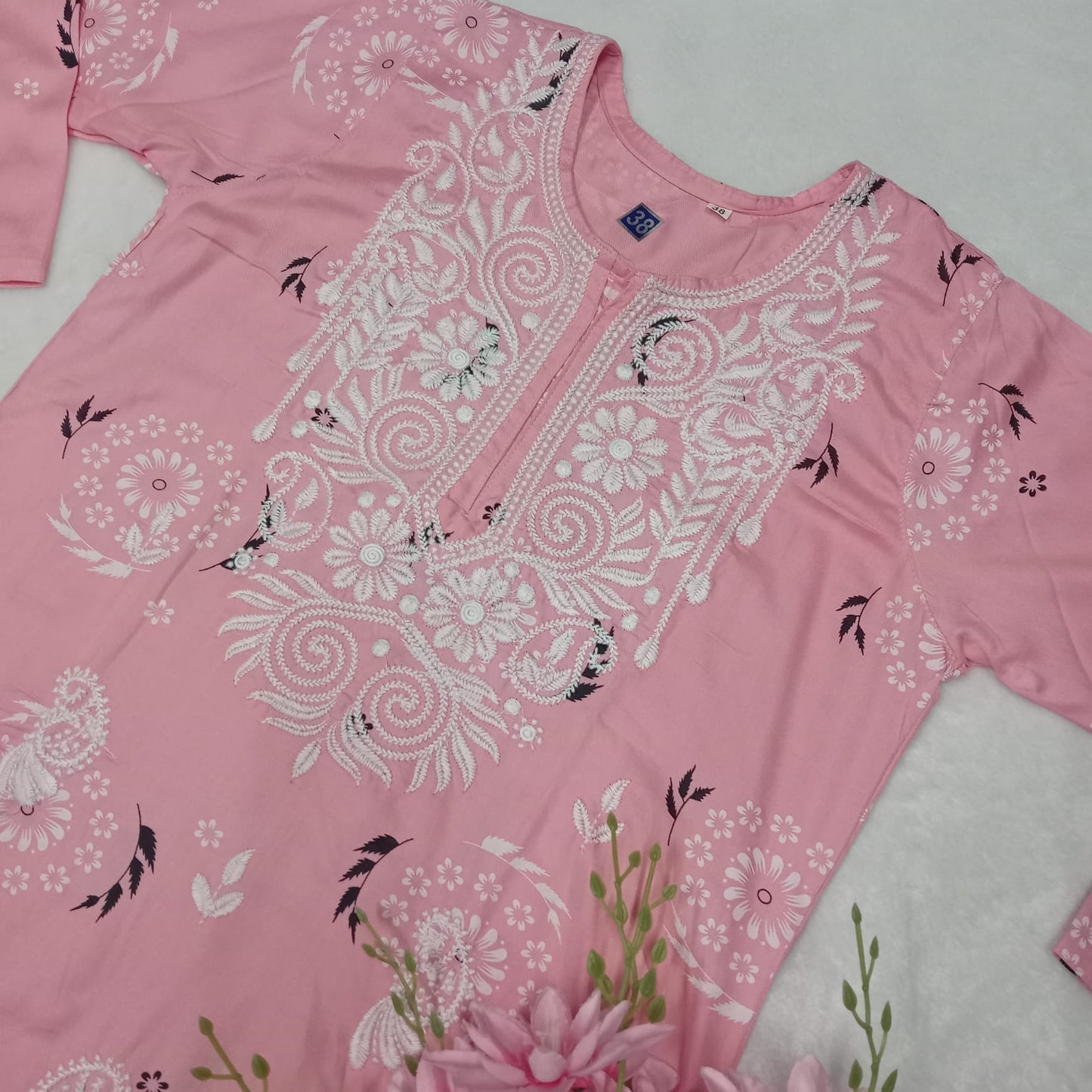 Rayon Chikankari Machine Work Kurti -Rose Pink Colour