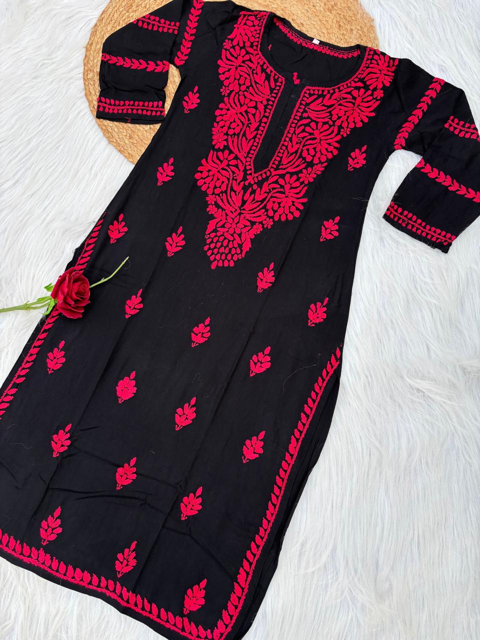 Shifa Soft Rayon Lucknowi Chikankari Kurti - Black Cherry Color