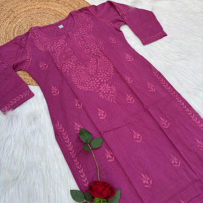 Vani Dobby Cotton Chikankari Kurti - Light Wine Colour