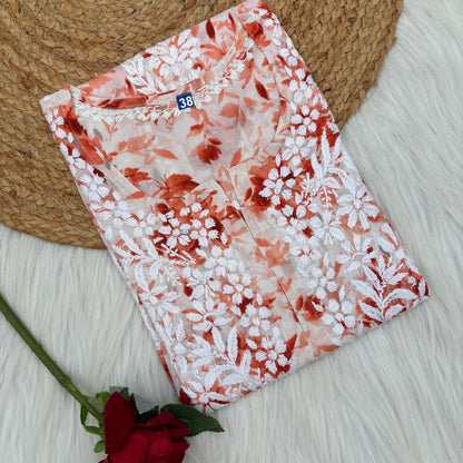 Amara Pure Mulmul Chikankari  Handwork Kurti -Orange Colour