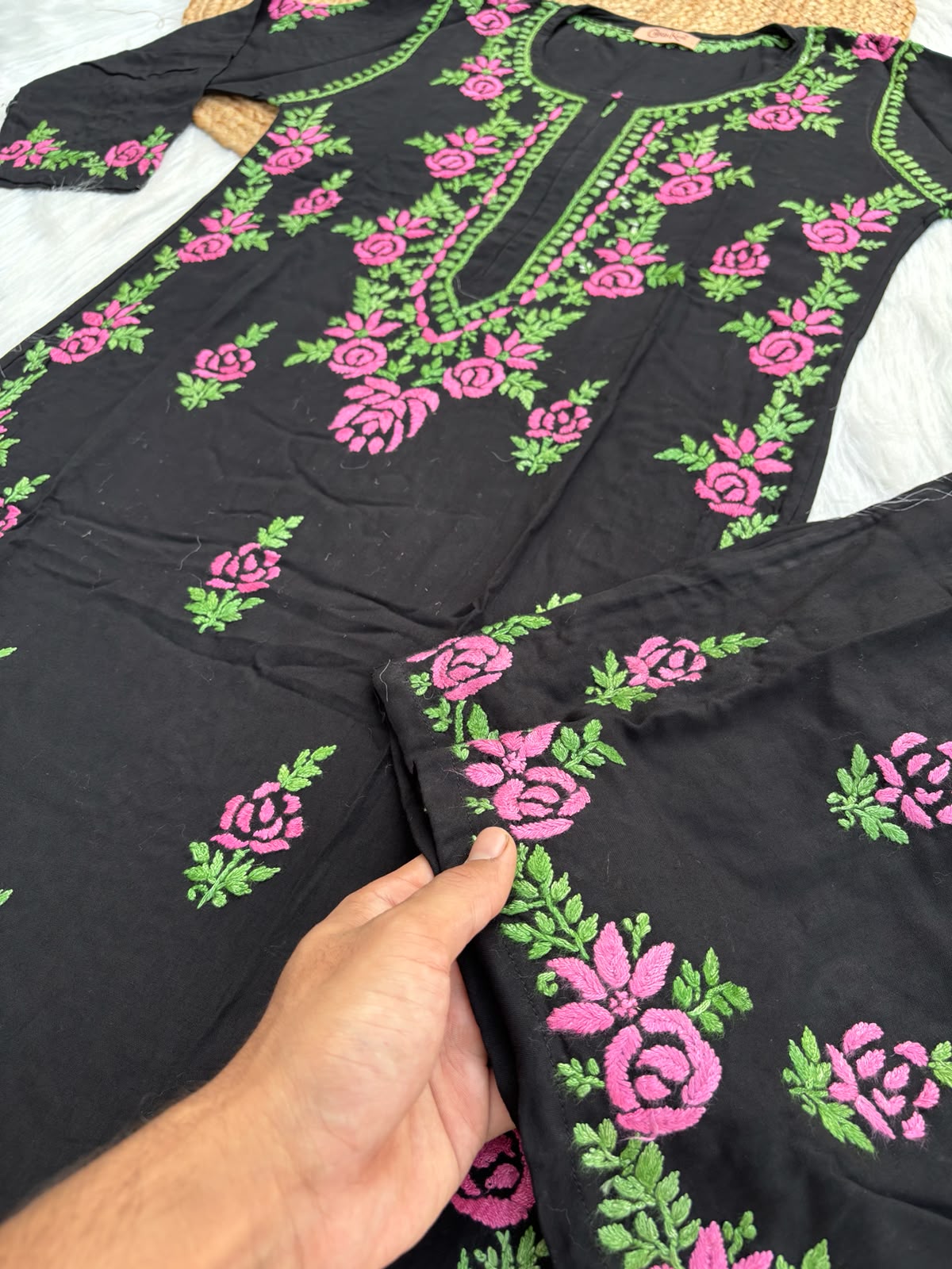 Sabah Rayon Handwork Chikankari Kurti Set - Pink Colour
