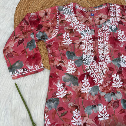 Jameela Mulmul Cotton Chikankari Kurti Set - Cherry Colour