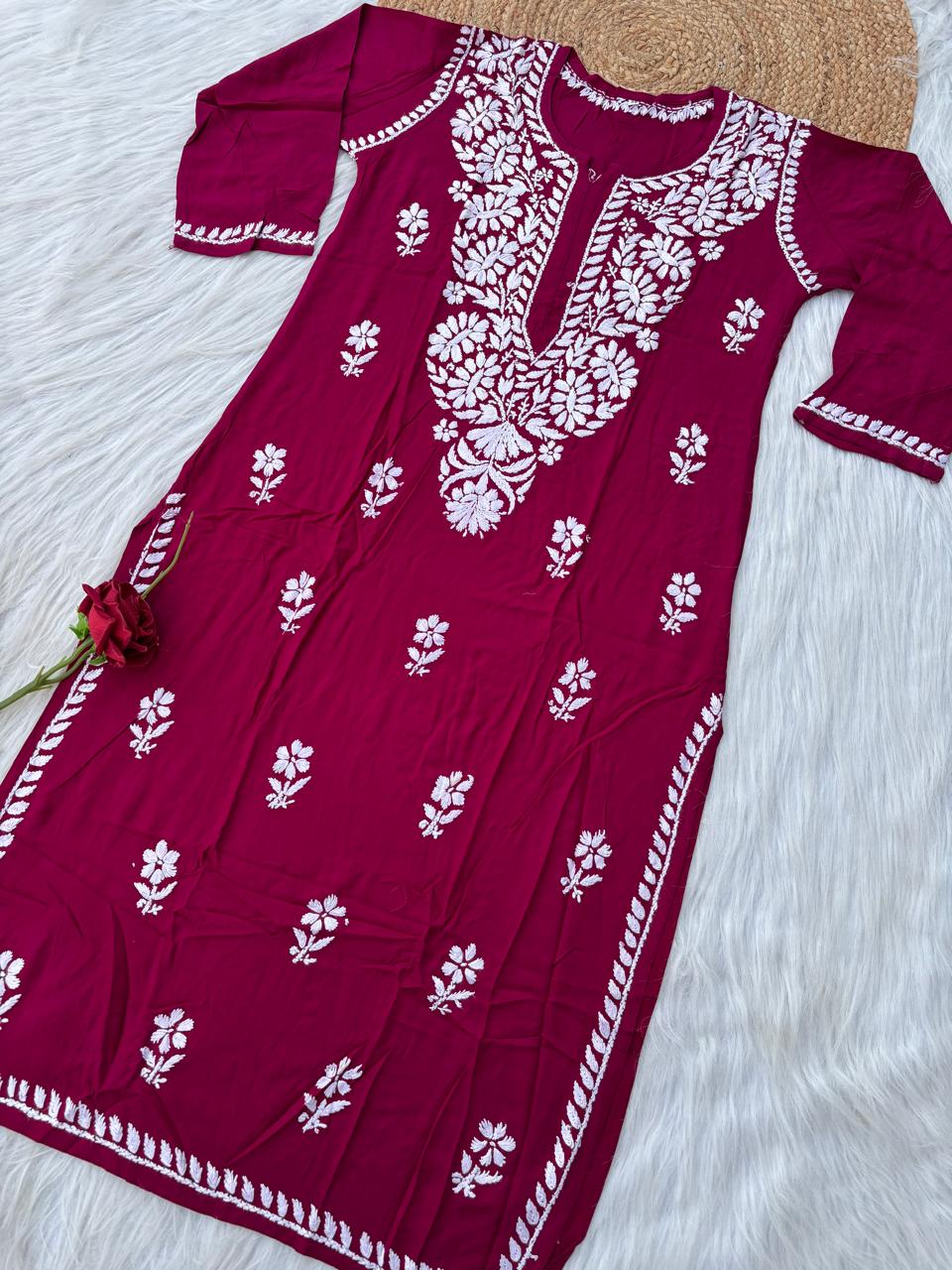 Hiba Soft Rayon Handwork Chikankari Kurti - Maroon Colour