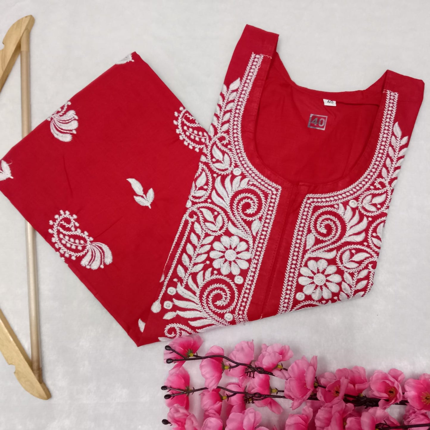 Cotton Machine Work Chikankari Kurti -Red Colour