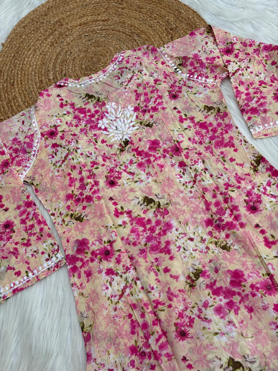 Fatima Pure Mulmul Chikankari  Handwork Kurti - Pink Colour