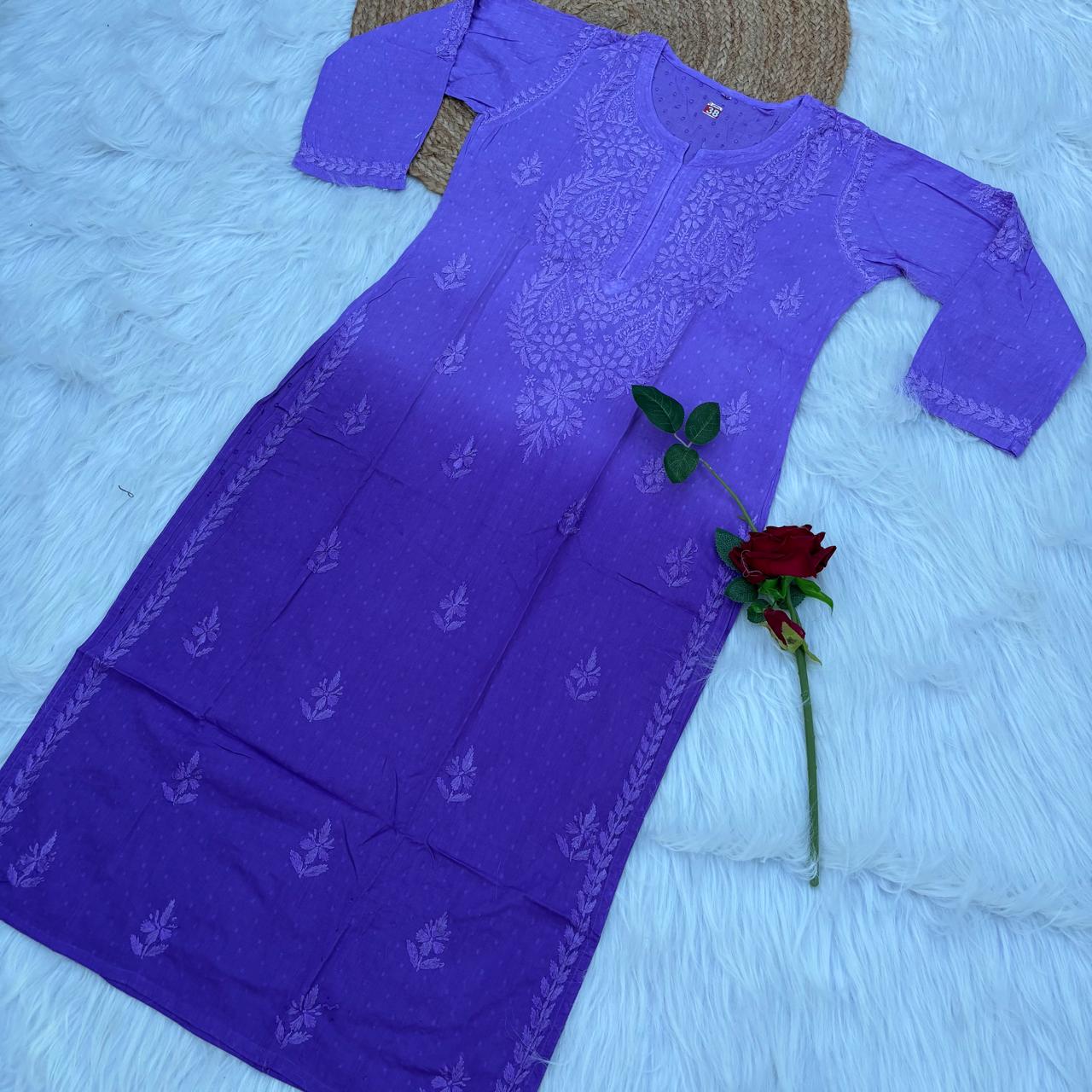 Tamanna Ombre Shaded Dobby Cotton Chikankari Kurti - Purple Colour