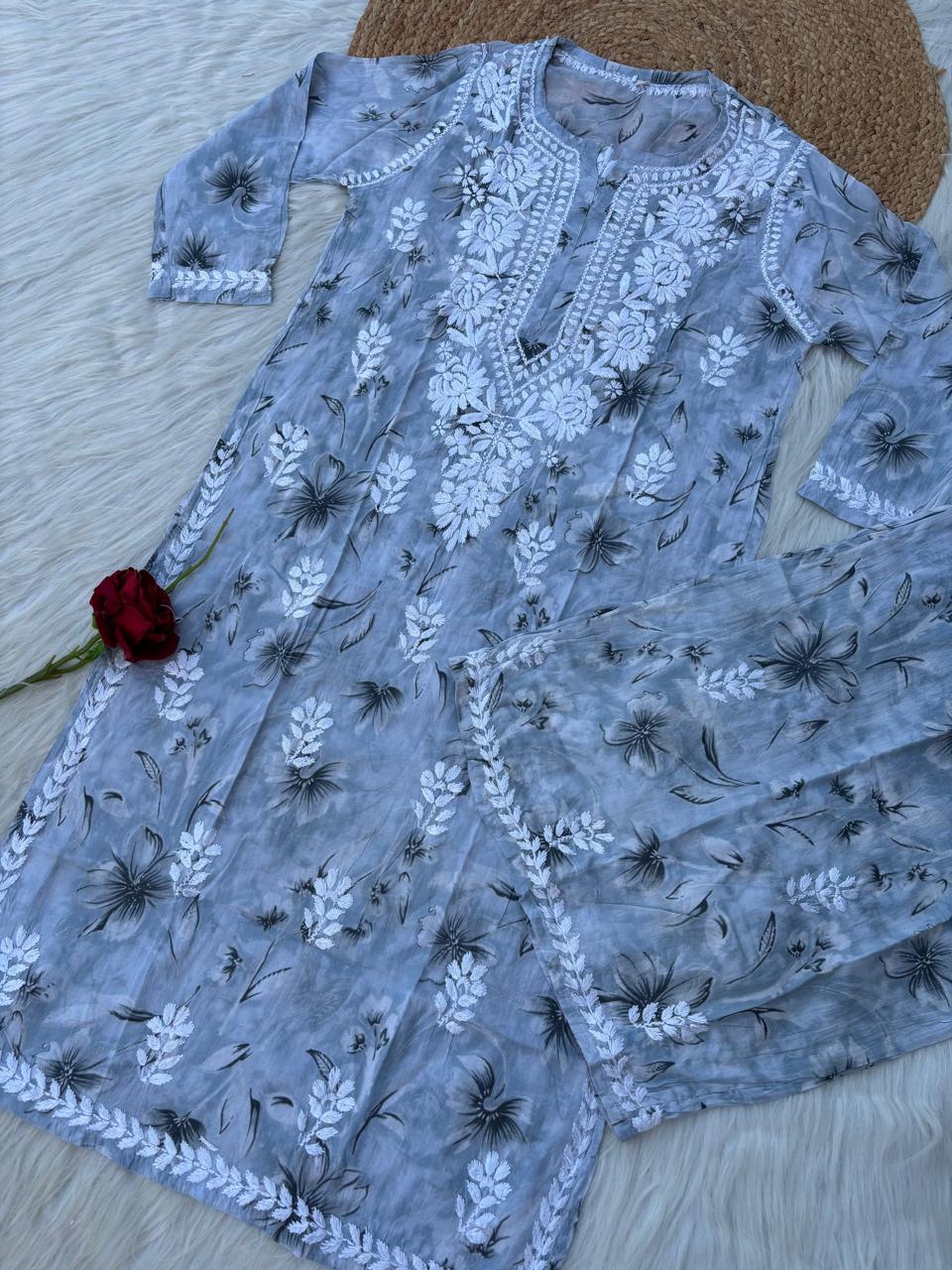 Shazia Mulmul Cotton Chikankari Kurti Set - Grey Colour