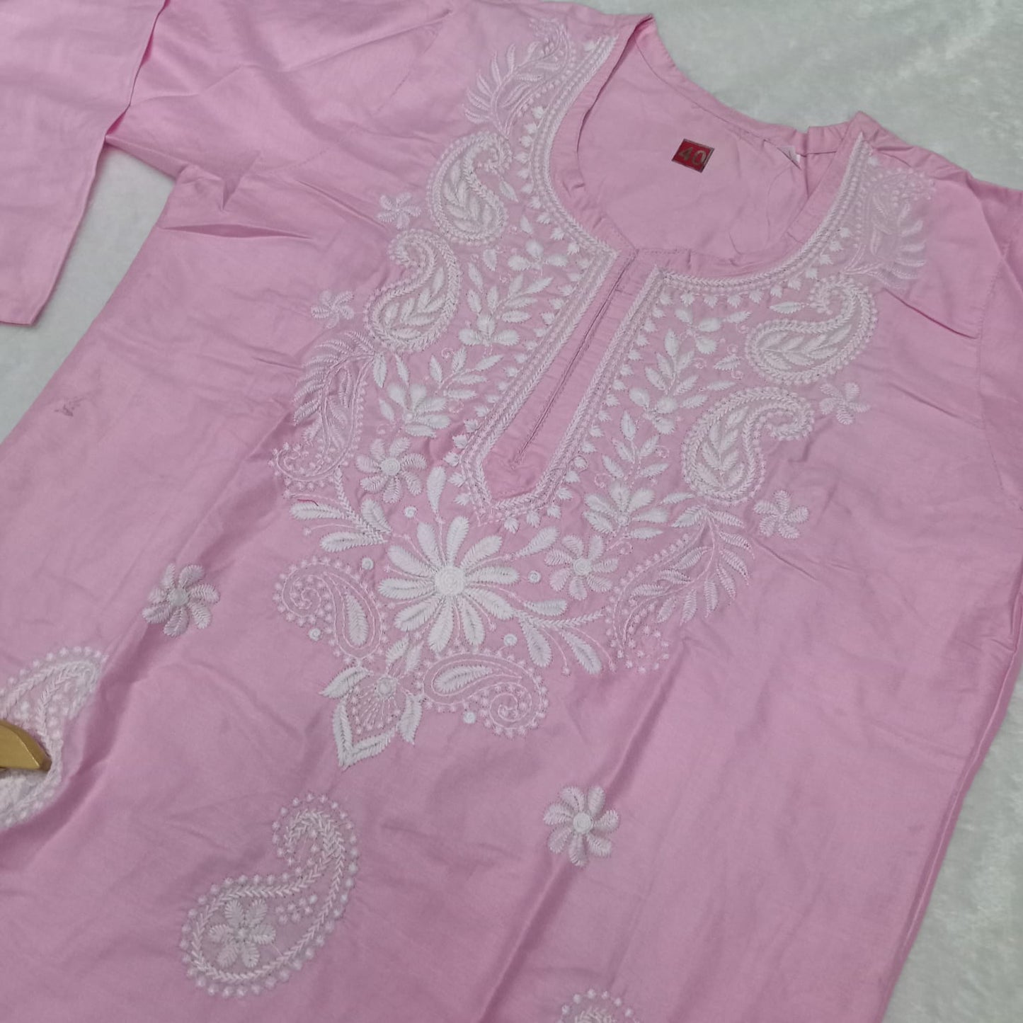 Rayon Chikankari Machine Work  Kurti Plazo Set- Baby Pink Colour