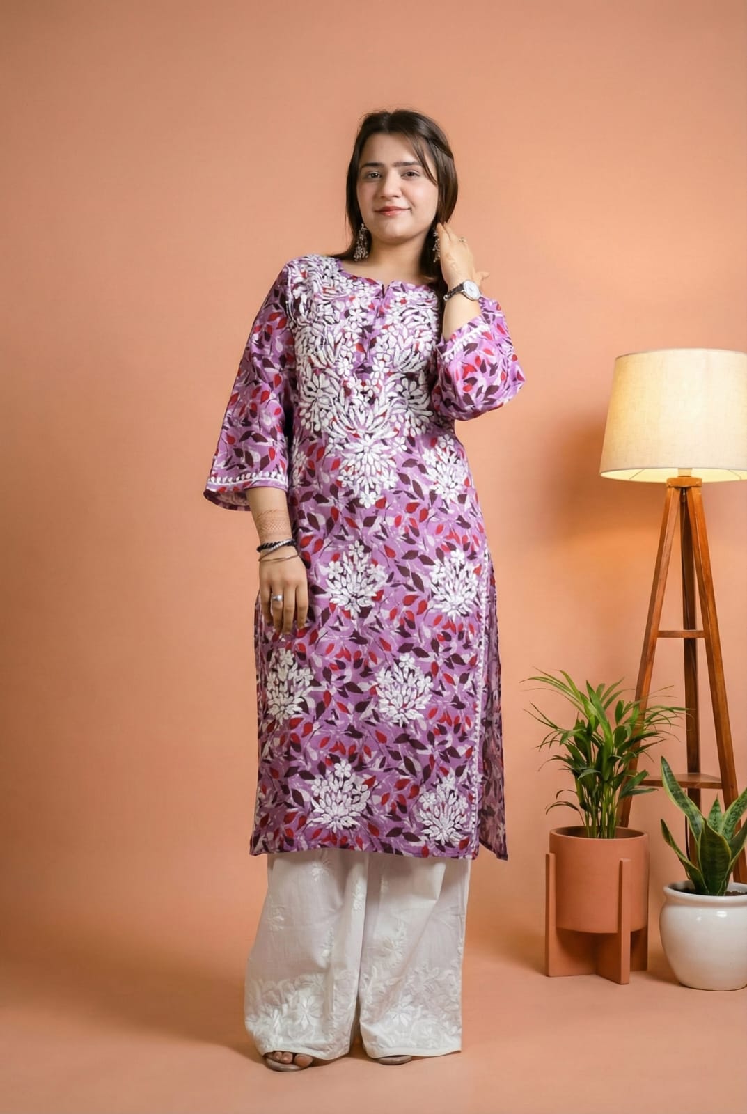 Emaya Pure Mulmul Chikankari  Handwork Kurti - Lavender Colour