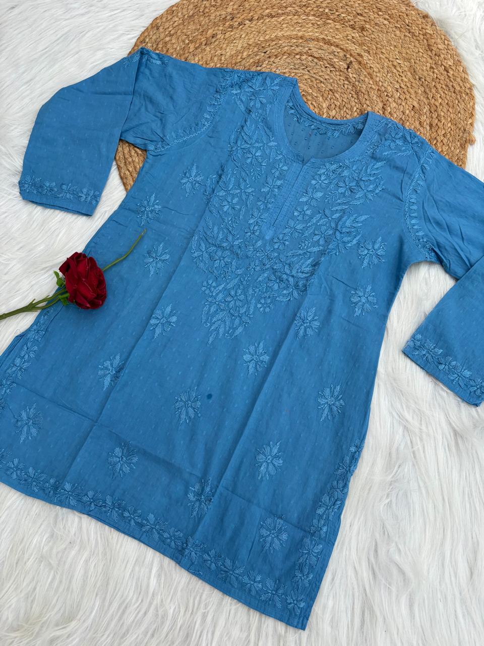Ziva Soft Dobby Cotton Lucknowi Handwork Chikankari Short Kurti - Blue Colour