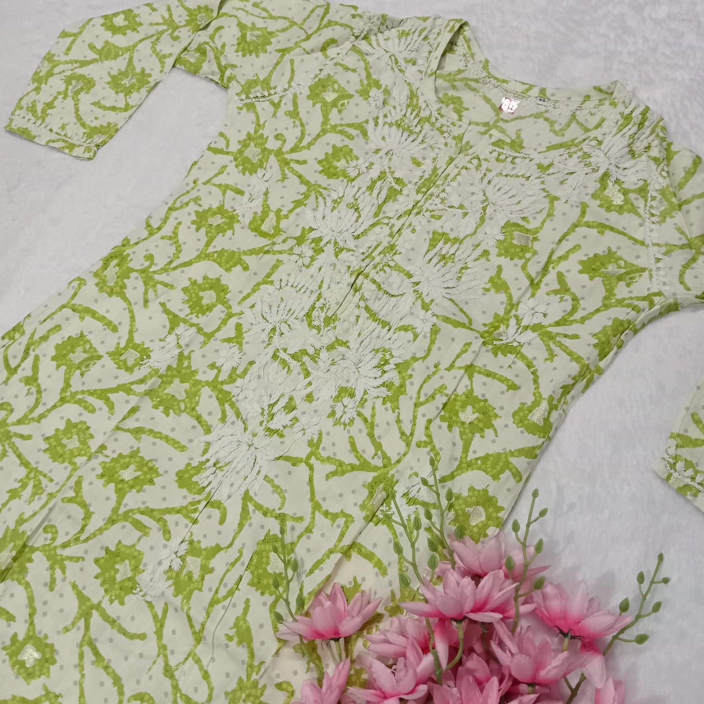 MODAL SLUB CHIKANKARI LOTUS WORK KURTI -LEAF GREEN COLOUR