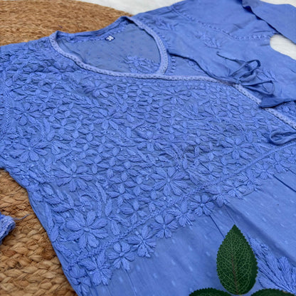 Shazia Ombre Shaded Dobby Cotton Chikankari Angarakha - Ocean Blue Colour