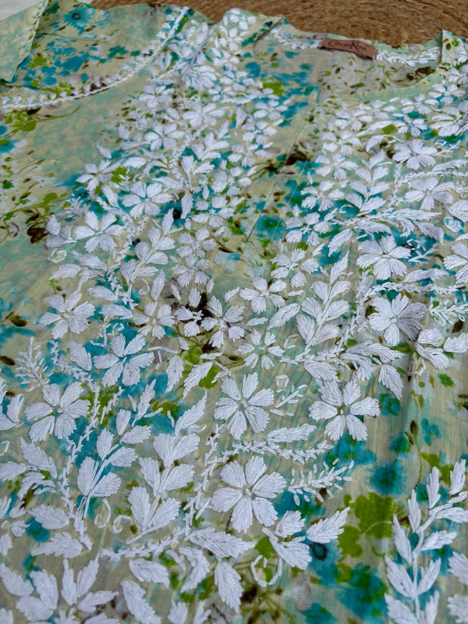 Fatima Pure Mulmul Chikankari  Handwork Kurti - Sea Green Colour